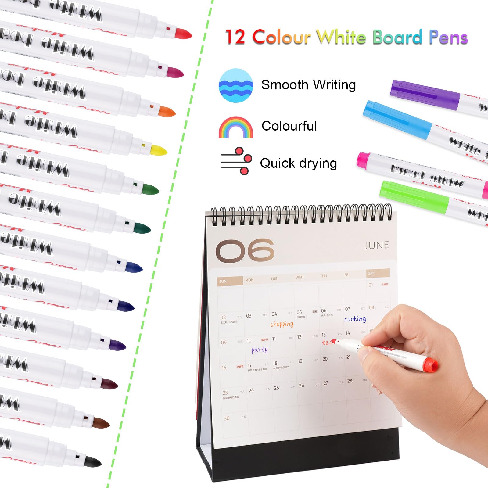 WINKIO White Board Markers Erasable, 12 Color Dry Wipe Whiteboard Pens with Magnetic Erasers - Image 2