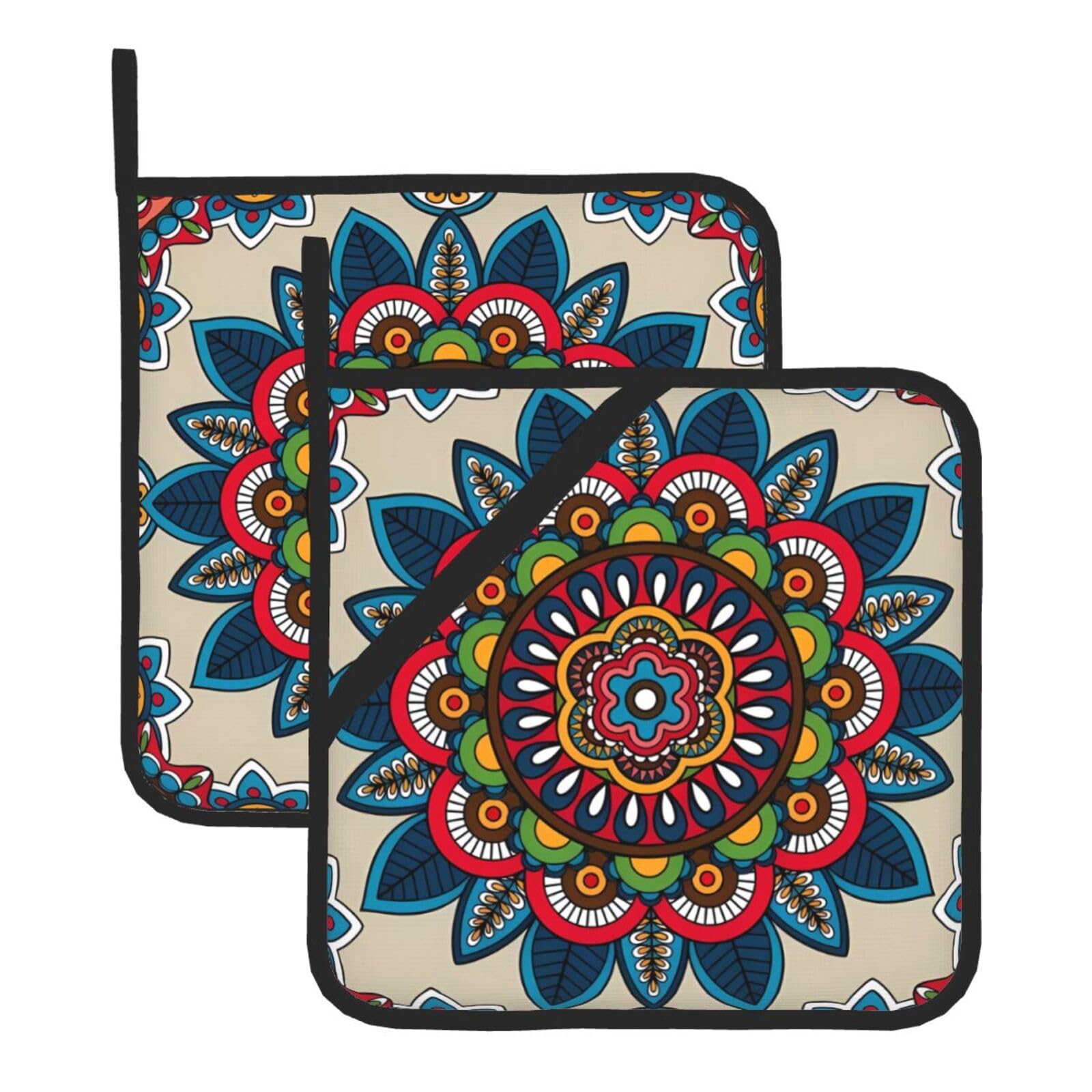 YYHWHJDE Unique Leaf Flower Meditation Tribal Prints Square Hot Pads for Kitchen Counter - Waterproof Pot Holders, Durable Oven Mitt Layers with Hanging Loop, Heat Resistant Trivets (2-Pack)