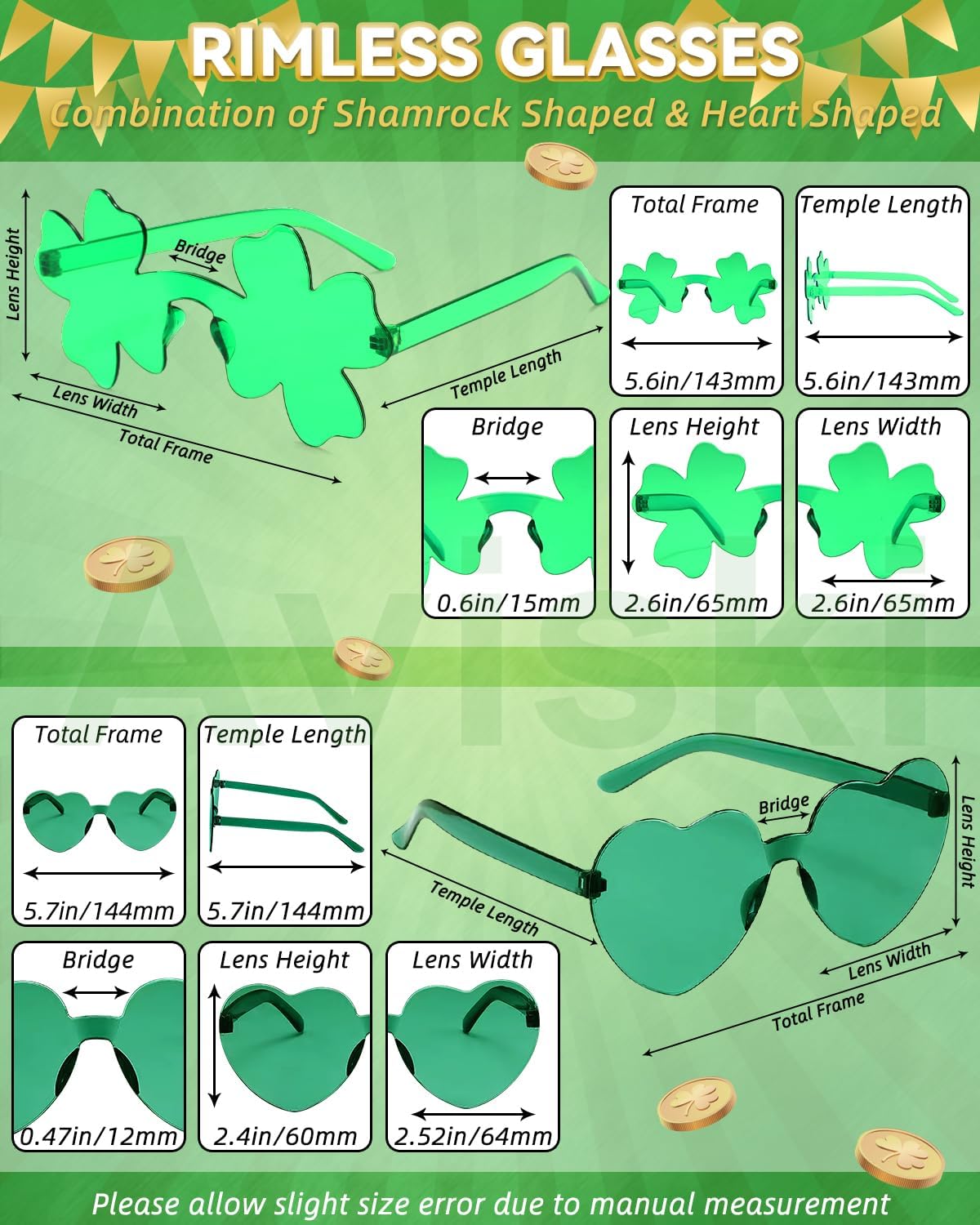 Aviski St Patricks Day Party Glasses, Green Shamroc Heart Shape Rimless Frameless Eyeglasses, Saint Paddy Day Accesorries