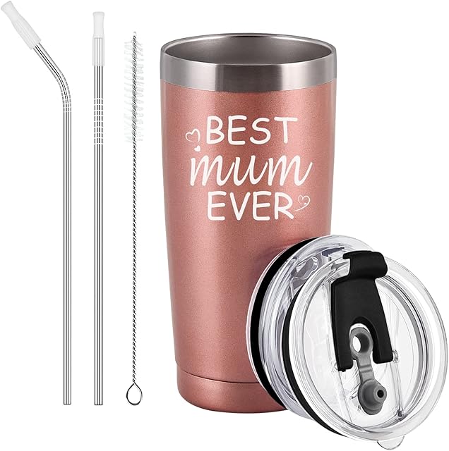 Livole Christmas Gifts for Mum, Mama Mom Birthday Gifts, 20oz Stainless Steel Double Wall Vacuum Travel Tumbler with 2 Lids and 2 Straws, Funny Travel Stemless Coffee Cup, Best Mum Ever, Rose Gold