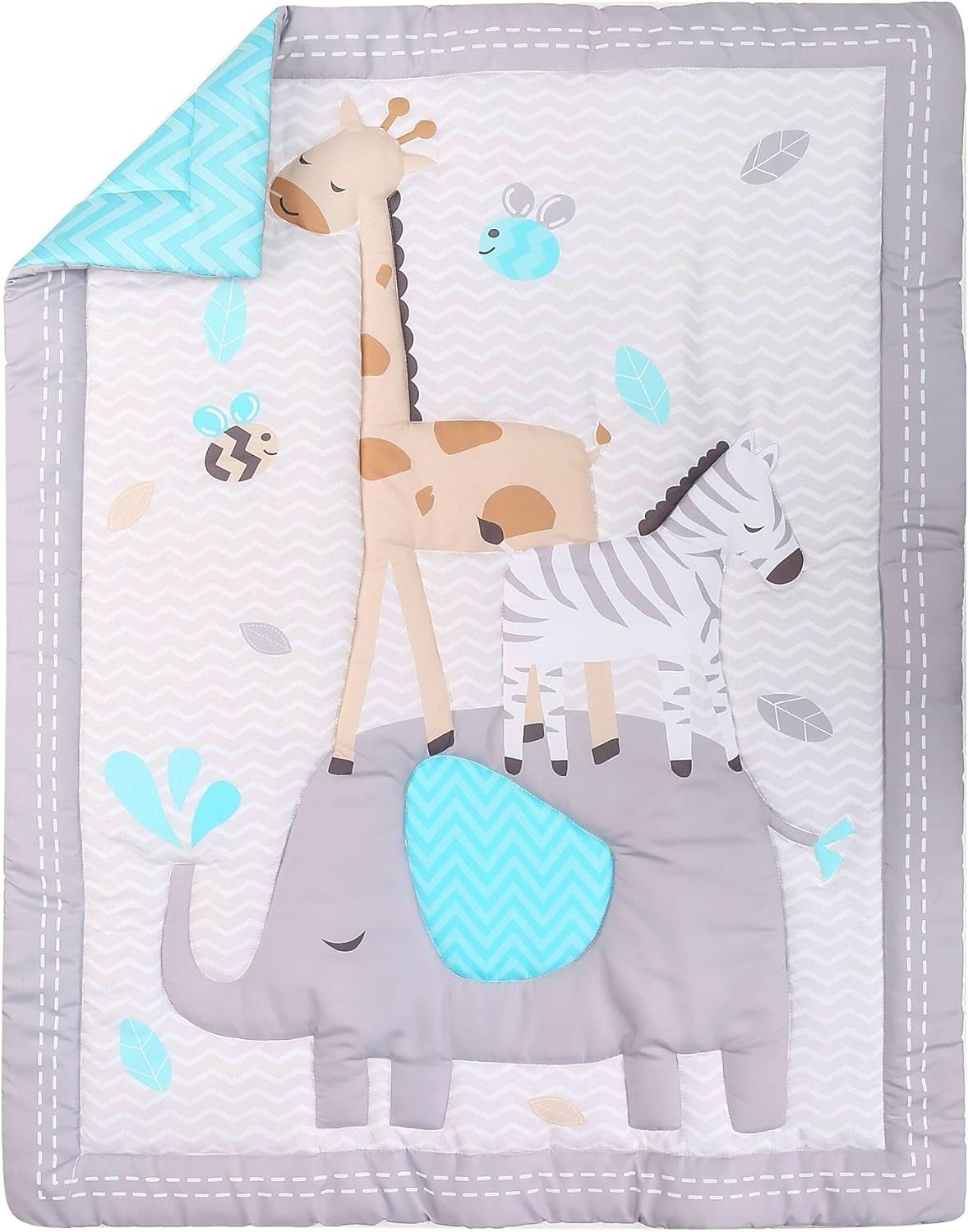 Baby Bees Animal Kingdom 4 Pieces Crib Bedding Sets for Boys and Girls | Set of Fitted Sheet, Quilt, Dust Ruffle & Pillow Cover Standard Size Crib, White Green, CBS-ANIMAL-KINGDOM