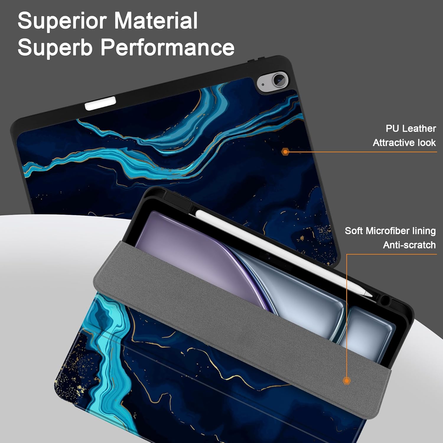 DONGKE Case for iPad Air 13 Inch Case M4 2026, M3 2025, M2 2024 - [Built-in Pencil Holder] Slim Trifold Stand Shockproof Protective Cover with Soft TPU Back Support Auto Sleep/Wake - Blue Marble