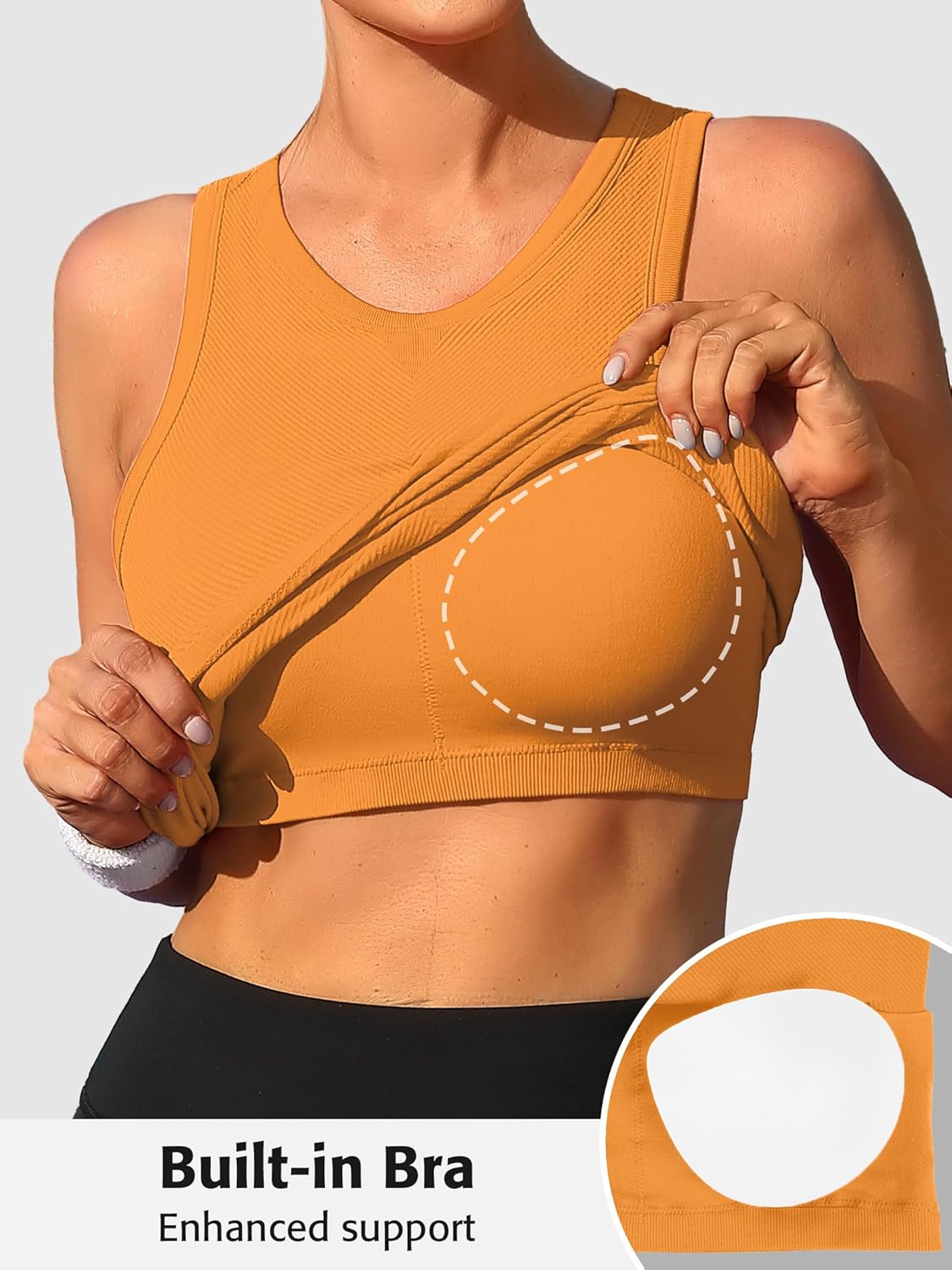 ATTRACO Workout Tank Tops for Women Seamless Full Length Gym Tops Athletic Yoga Top Built in Bra X-Large Mango Yellow image 5 of 9 B0F2MSR1Q8