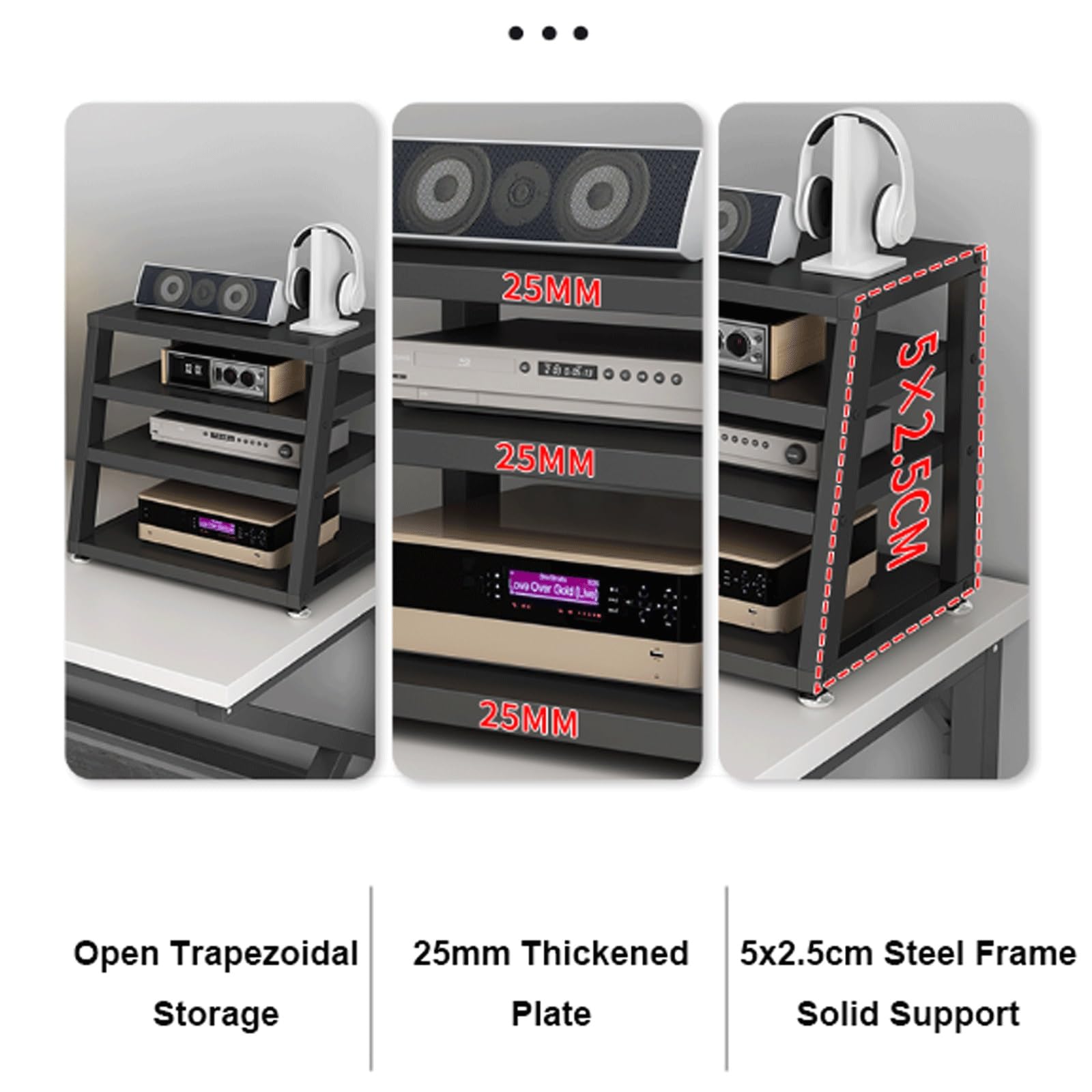Stand 2/3/4 Tier Av Media Stand Desktop Av Komponent Entertainment Stand Trapezowy stojak audio wieża drewniana szafa stereo do domowego biura salonu, Nero-45x35x48cm