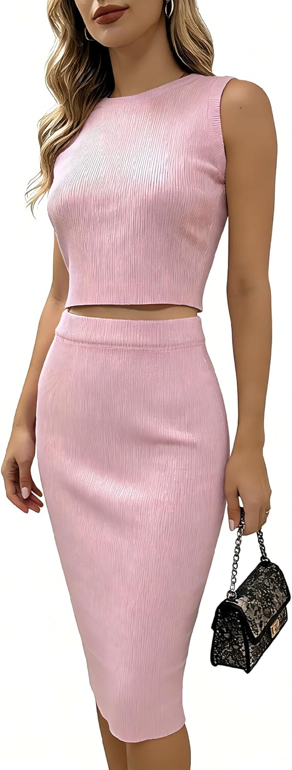 2 Piece Skirt Sets for Women Summer Tank Tops Midi Skirt Knitted Sweater Outfits Set