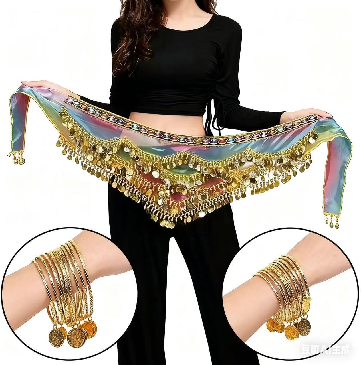 Belly Dance Hip Scarf Belly Dance Waist Chain Belt with 300 Coins Multicolor - Image 4