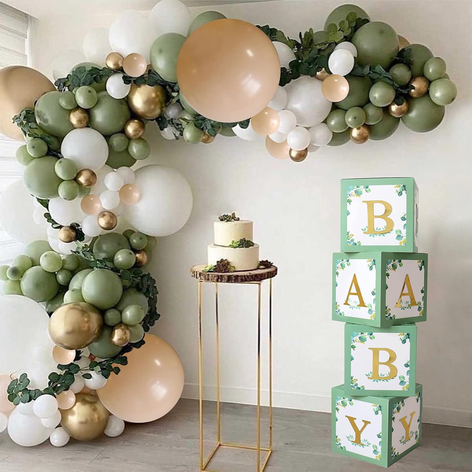 Sage Green Baby Shower Boxes + Sage Green Balloon Garland Kit +White Oh Baby Sign for for Baby Shower Backdrop,Gender Reveal Party Supplies