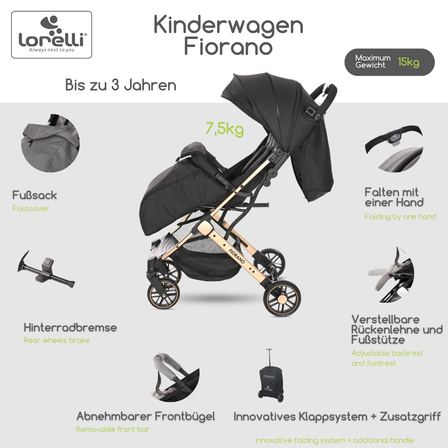 Lorelli Wózek dziecięcy Fiorano, wózek podróżny, mały wózek składany, lekki, tylko 7,5 kg, kompaktowe siedzisko sportowe do 15 kg, wózek dziecięcy z systemem składania jedną ręką i dodatkowym uchwytem