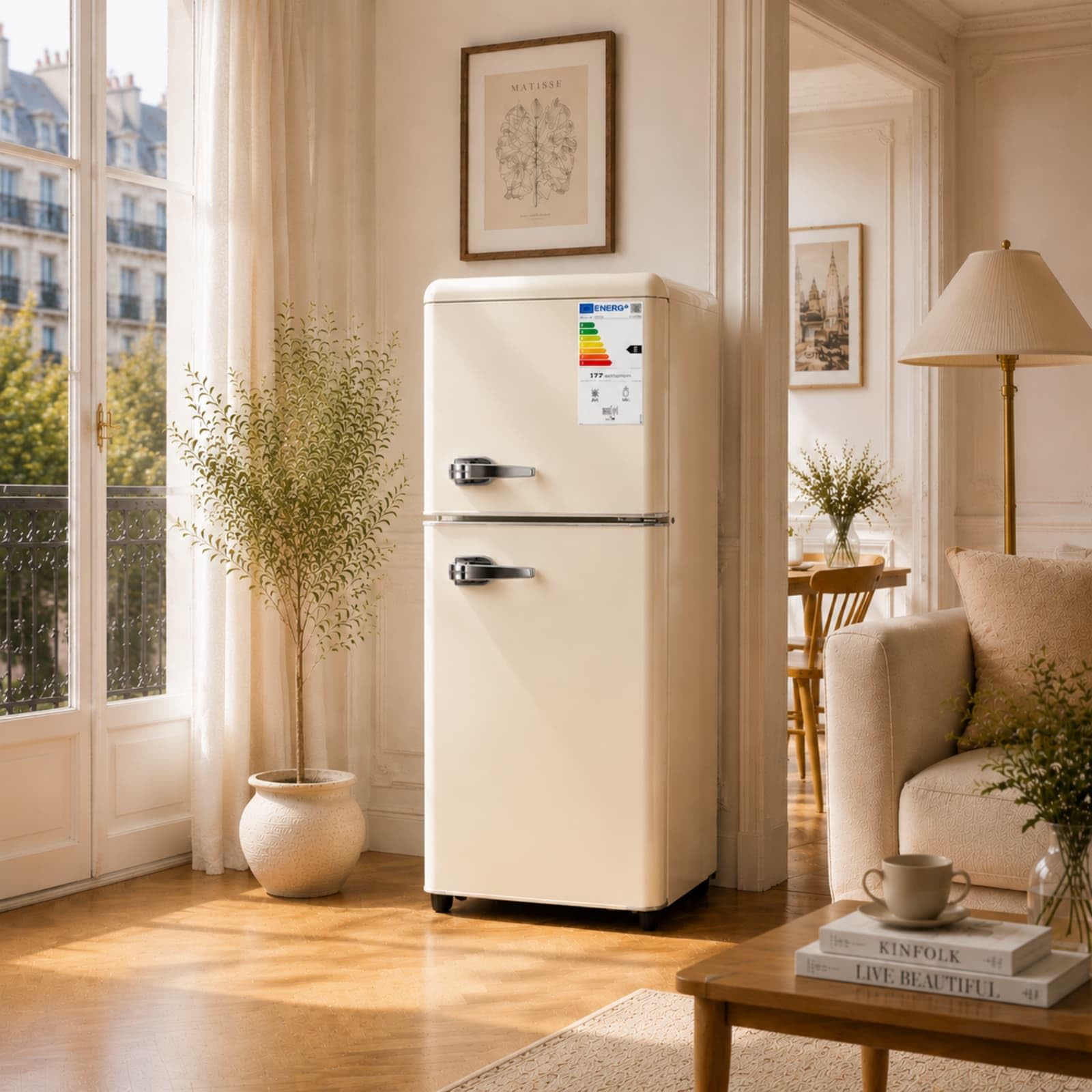 KOMHTOM Réfrigérateur à 2 Porte, Petit Frigo, Réglage de La Température à 7 Niveaux, Classe E, éclairage LED, étagères Réglables, pour Cuisine et Salon (Blanc, 112L)