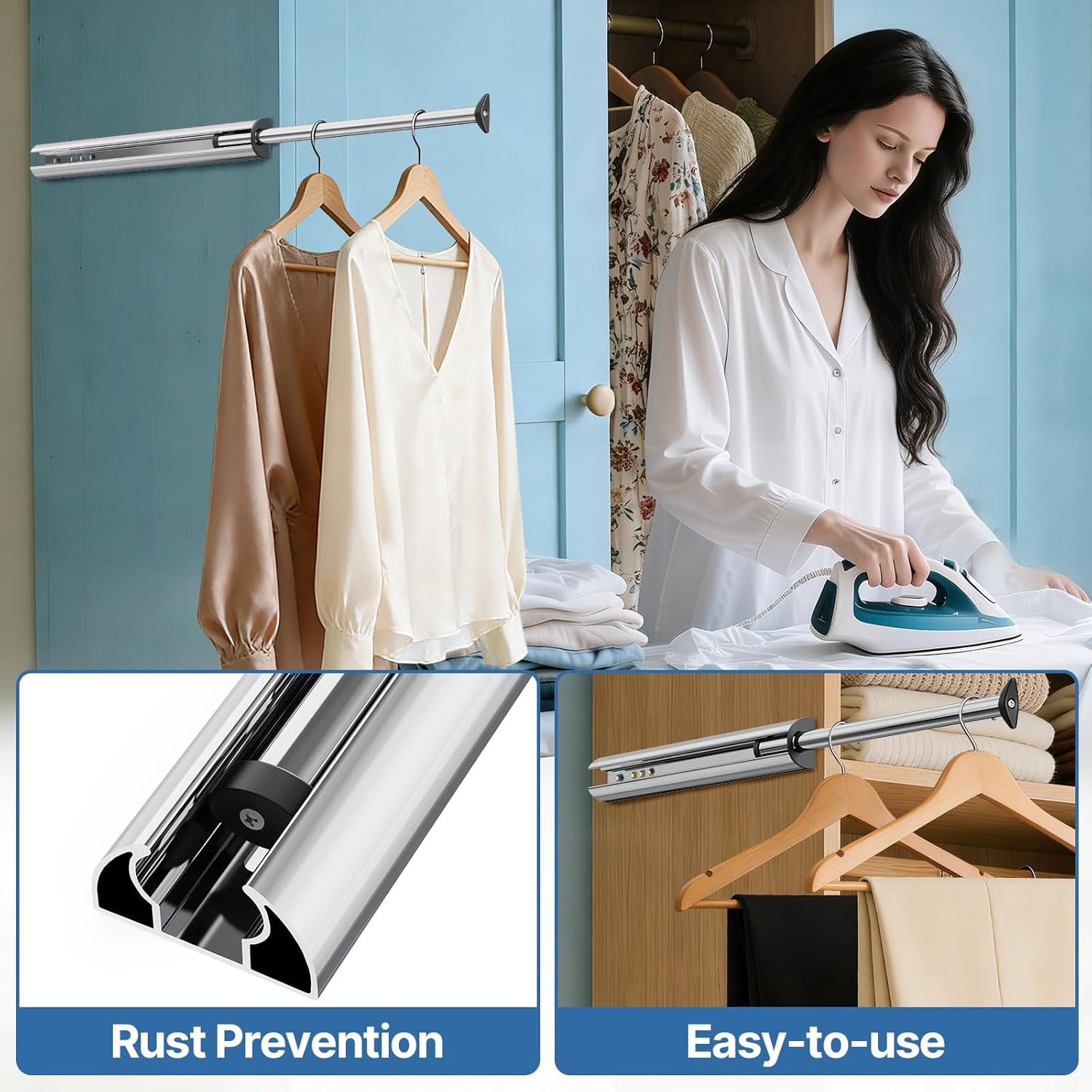 14-Inch Valet Rod for Closet Pull Out, Azcom Hanging Telescoping Clothes Rod, Adjustable Clothes Rod-Silver