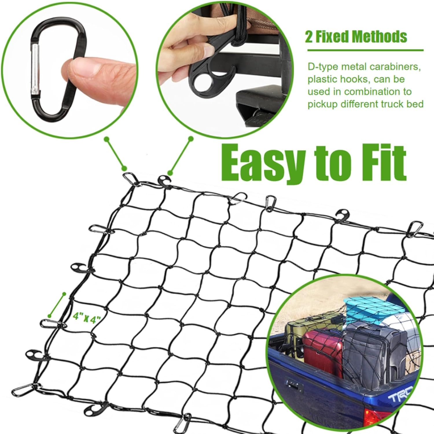 WSSROGY 4' x 6' Cargo Net Stretches to 6' x 12', Heavy Duty Cargo Netting for Pickup Truck Bed, Roof Rack Net with Hooks Carabiners
