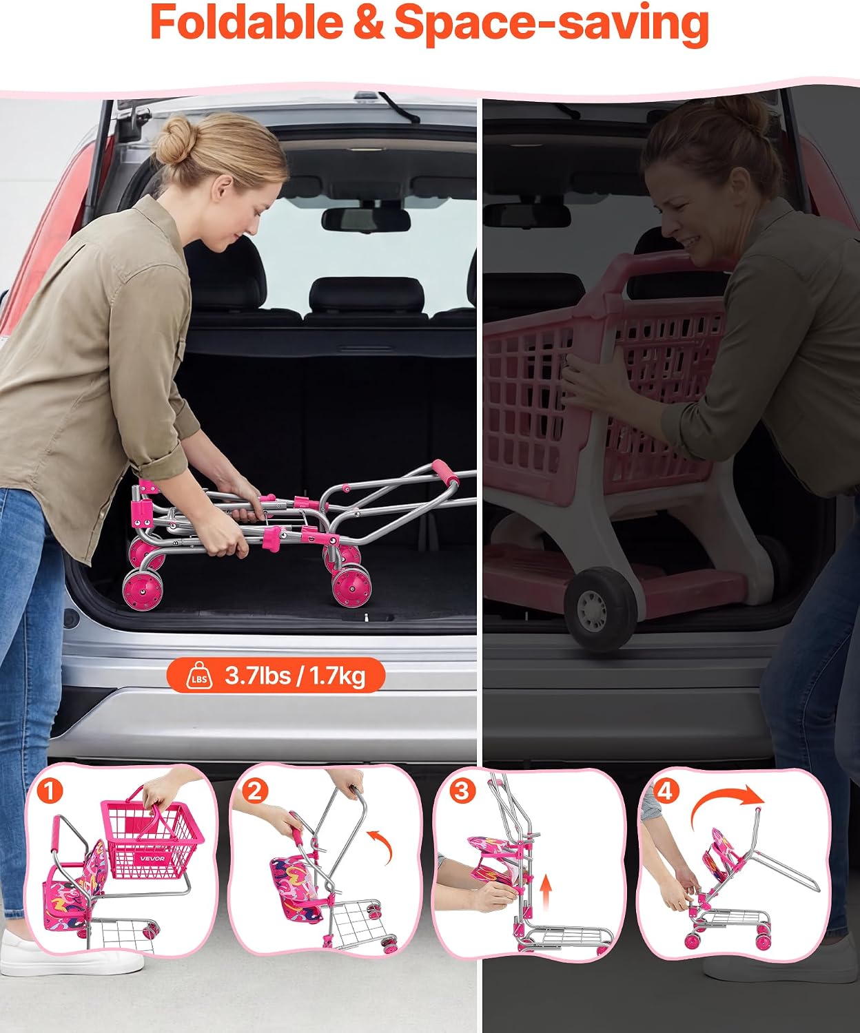 VEVOR Shopping Cart for Kids, Sturdy Metal Frame, Toy Shopping Cart with Baby Doll, 4 Rolling Wheels, Doll Seat Carrier, Grocery Pretend Play Toy Trolley, Folds for Easy Storage, for Toddlers Ages 3+