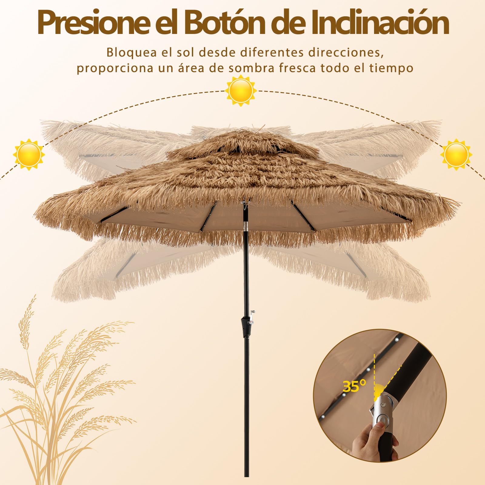 COSTWAY Sombrilla Terraza Exterior con Techo de Paja, Sombrilla Hawaiana con 8 Varillas, Botón para Inclinación, Parasol Exterior con Doble Respiradero para Playa Patio Piscina