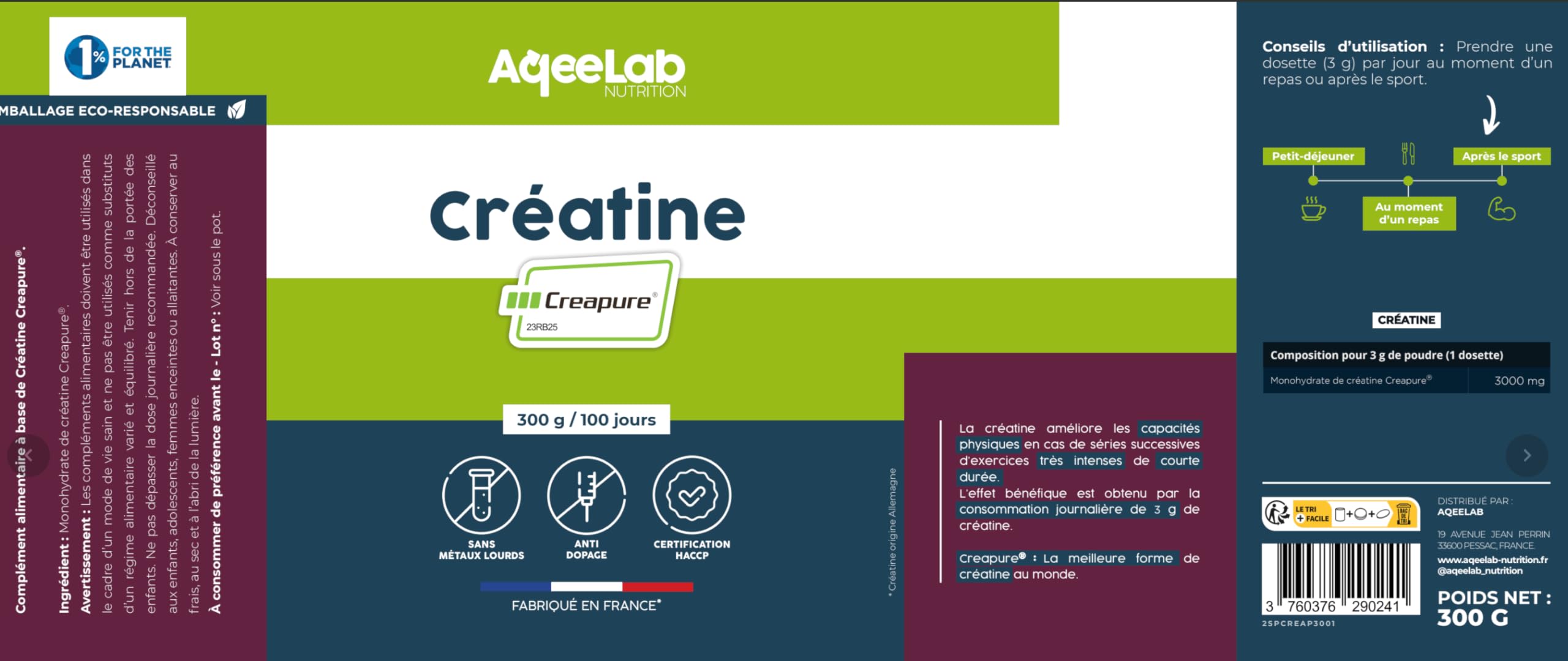 Créatine CREAPURE® • Augmentation de la Force + Performances • Pot de 300g • Made in FR • Testée en laboratoire indépendant • Eco-responsable •Aqeelab