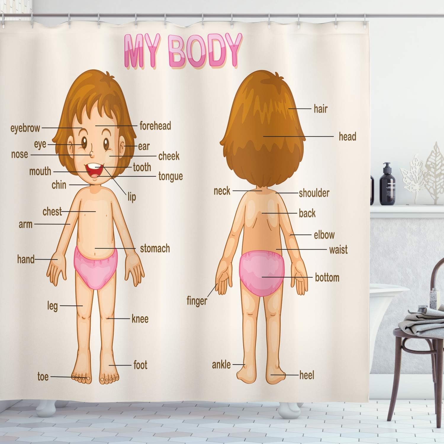 Ambesonne Science Shower Curtain, Little Cartoon Girl Body Parts Science, Cloth Fabric Bathroom Decor Set with Hooks, 69" W x 84" L, Pale Pink Brown Cream