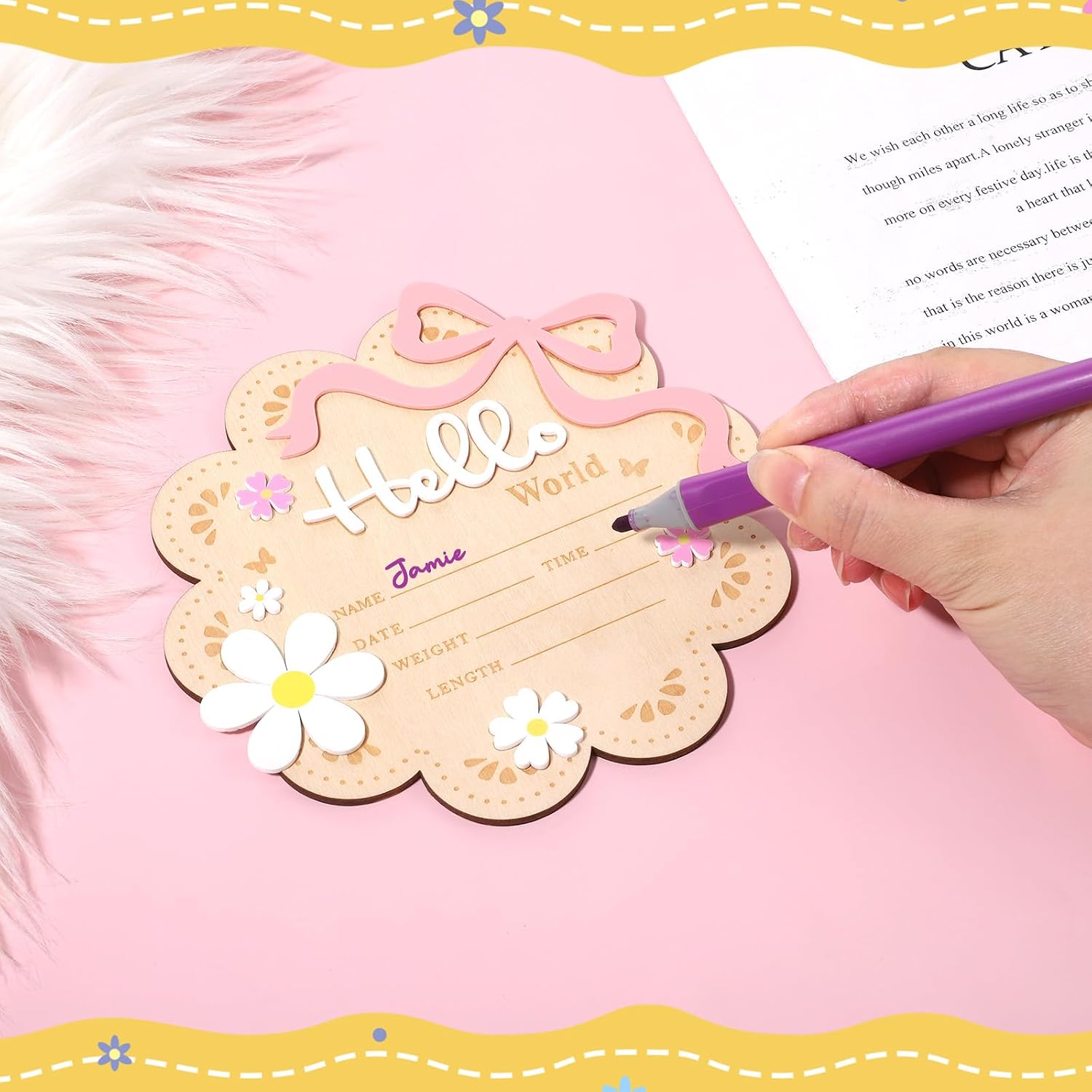 Wooden Newborn Announcement Sign, Butterfly Daisy Hello World Board, Newborn Welcome Signs with Butterfly and Daisy Decorations, Baby Name Plaque Board for Babies Shower, Hospital and Nursery Decor