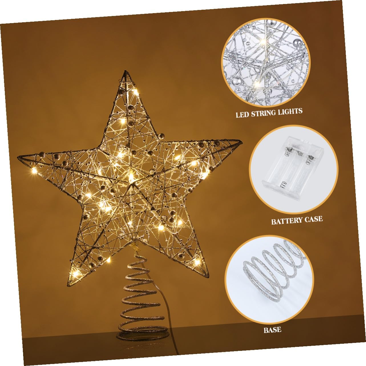 STOBOK Christmas Tree Star Topper with Warm Led Lights 10 Inch Glitter Wire Star for Indoor Outdoor Holiday Decoration Easy Install Treetop Ornament for Christmas Party and Home