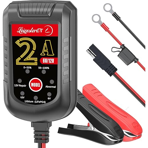 Battery Charger 2A 6V 12V - Trickle Charger and Maintainer with Pulse Repair, Automatic Float Charger for Car Motorcycle Boat Lawn Mower ATV RV, 10FT Long Cable, LiFePO4 Lithium AGM Gel Lead Acid