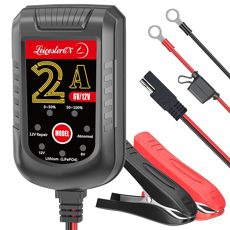Carregador e mantenedor inteligente de bateria LEICESTERCN 2 A, 6 V e 12 V, com modo de manutenção flutuante e reparo por pulsos, cabo de 3,05 m