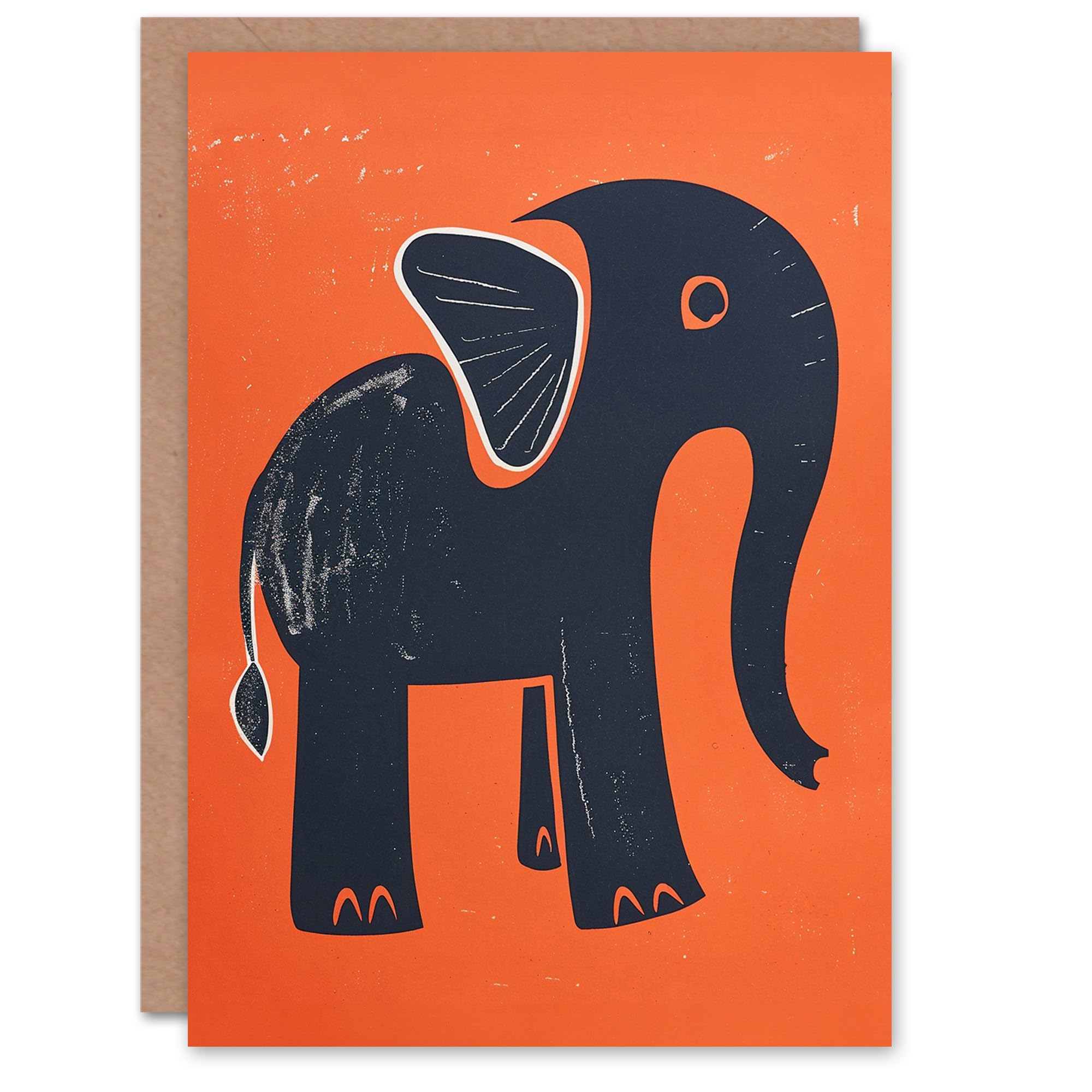 Artery8 Cute Baby Elephant Blue Orange Animal Block Print Blank For Him Or Her Art Birthday Card