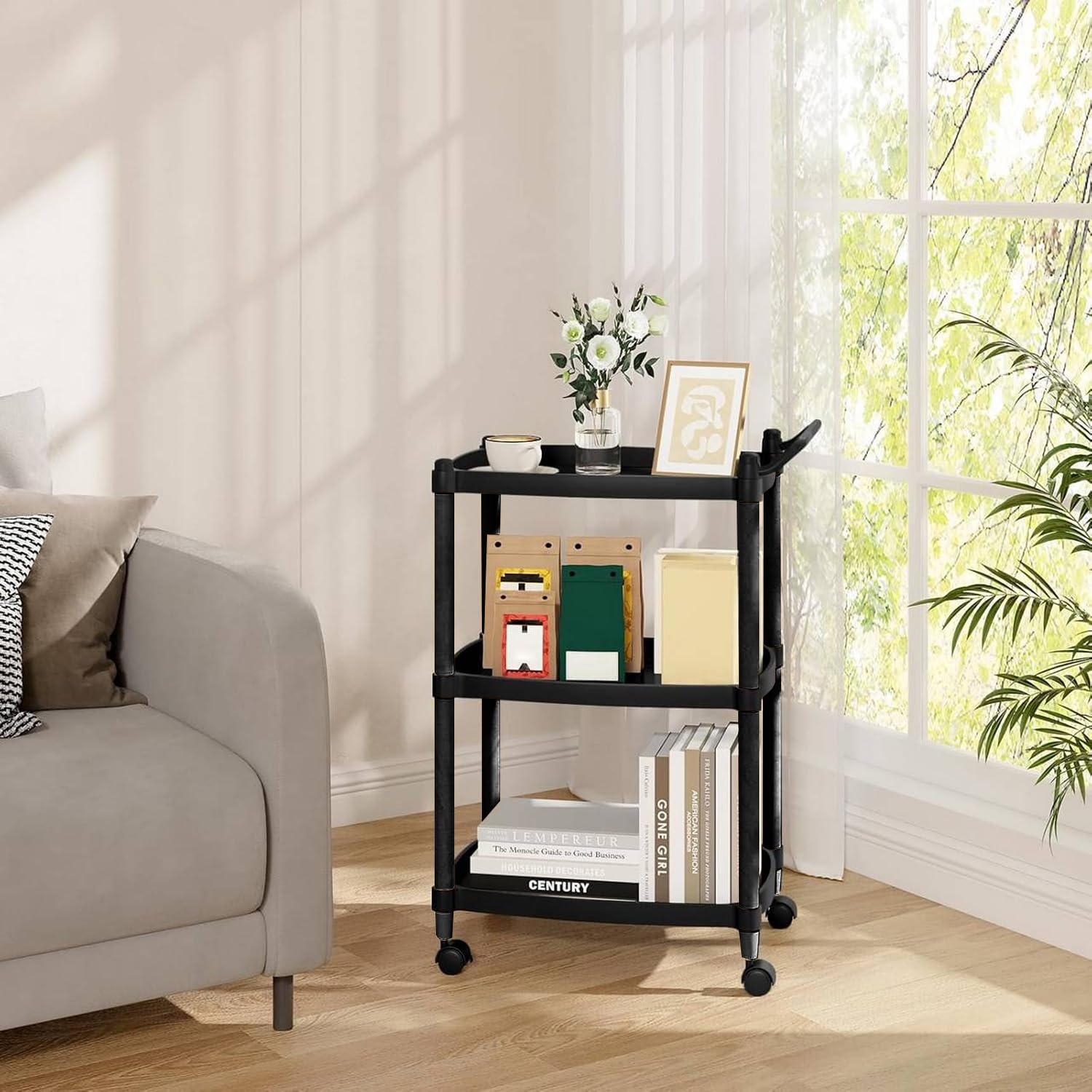 Avilia Carrello Portavivande da Cucina con 3 Ripiani e Ruote - 46x33x74 cm, Carrello Cucina Nero - Manico Ergonomico, Struttura in Polipropilene Resistente - Ideale per Cucina, Bagno e Ufficio