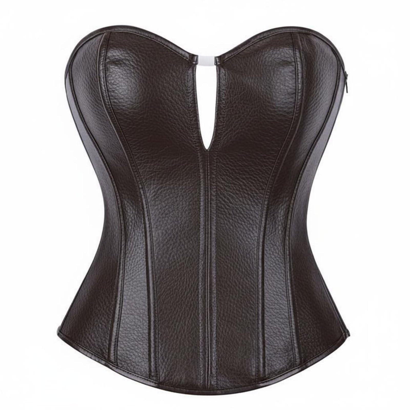 UJEAVETTE Vintage Aesthetic Zipper Side Leather Bustier Body Shaping Boned Push up Corset Top Faux Leather Corset for Parties, Clubbing, Costumes, S-image-40