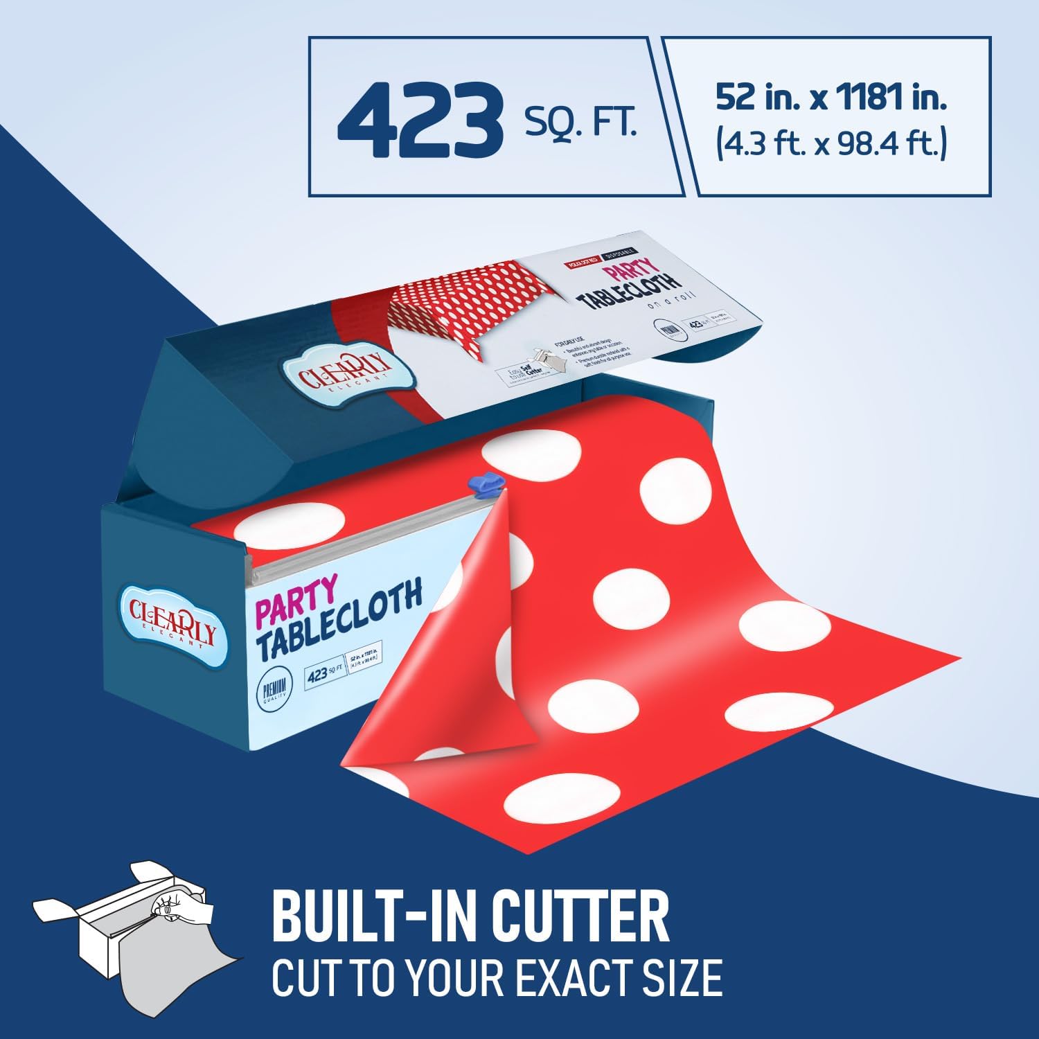 Clearly Polka Dot Red Plastic Tablecloth Roll with Cutter, 423 Sq.Ft (52"x1181") Extra Large Disposable Picnic Table Cover, Plastic Table Cloth Disposable for Parties, Events and Outdoor Gatherings - Image 4