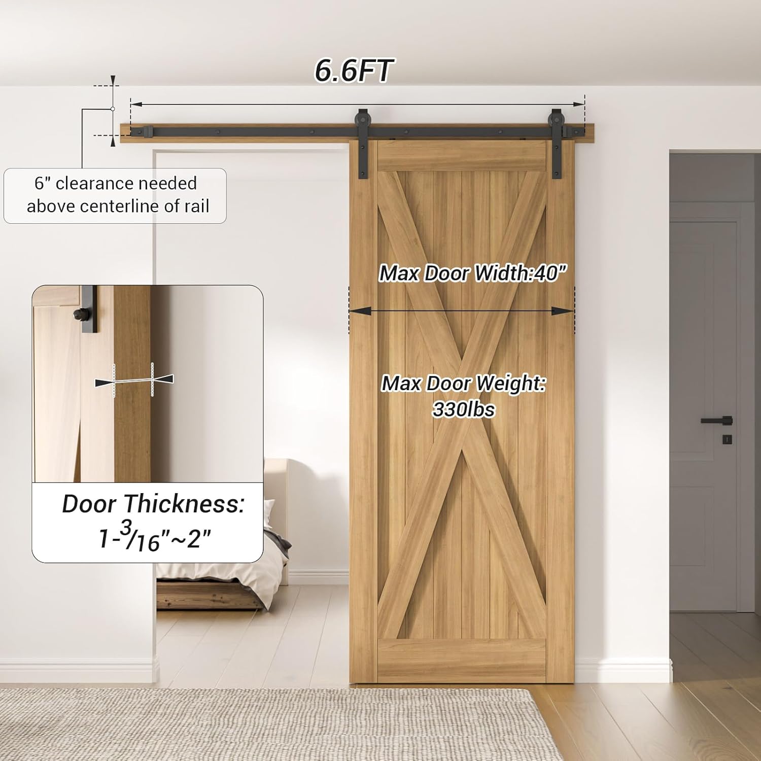 6.6FT Sliding Barn Door Hardware Kit for Single Door-Sturdy&Smoothly&Quietly-Heavy Duty-Easy to Install, Fit 36"-40" Wide Door(J Shape Hanger)