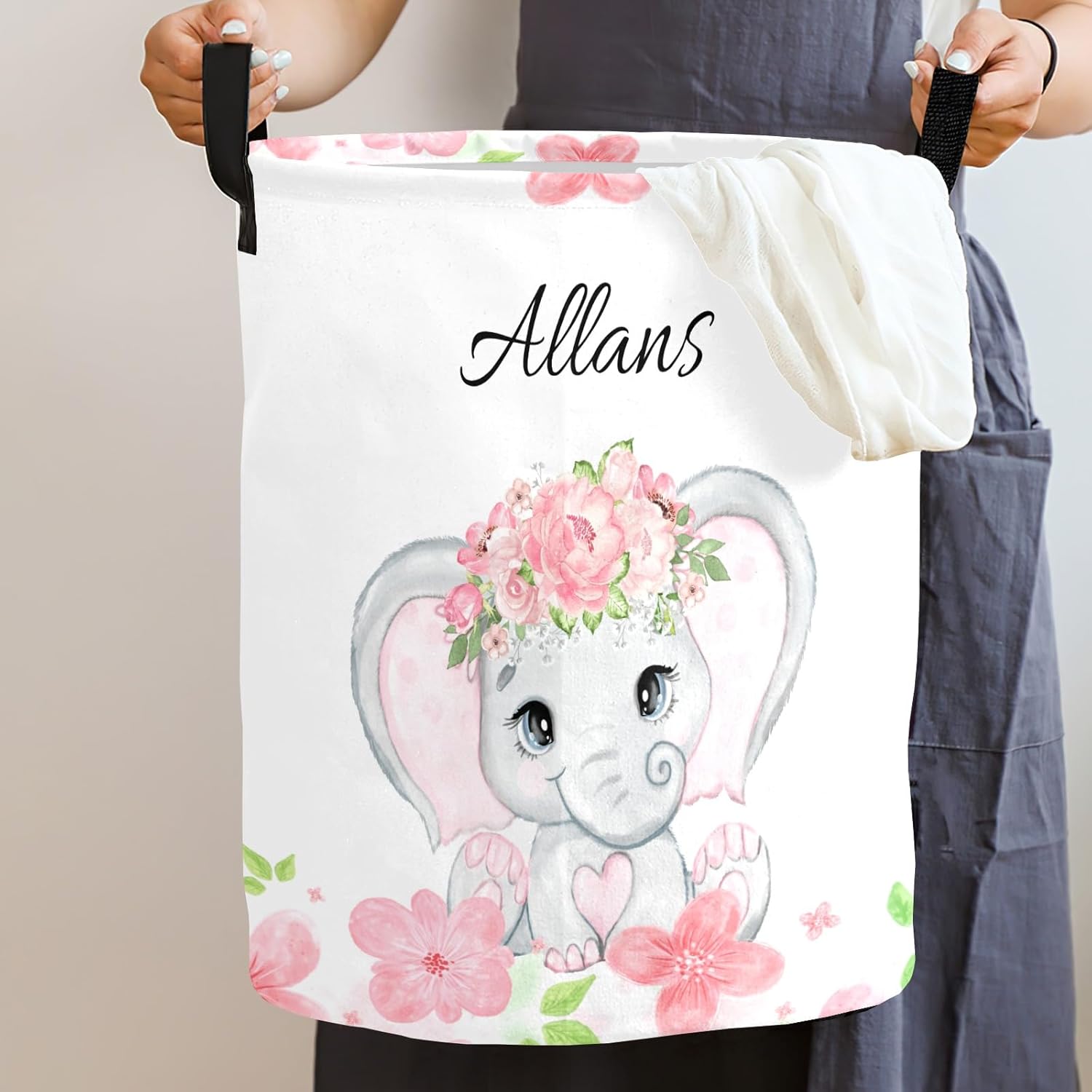 Personalized Canvas Storage Basket,Customized Water-resistant Laundry Basket, Organizer Baskets with Handles,or Clothes Storage,books,Toy,and sundries(Flower Elephant)