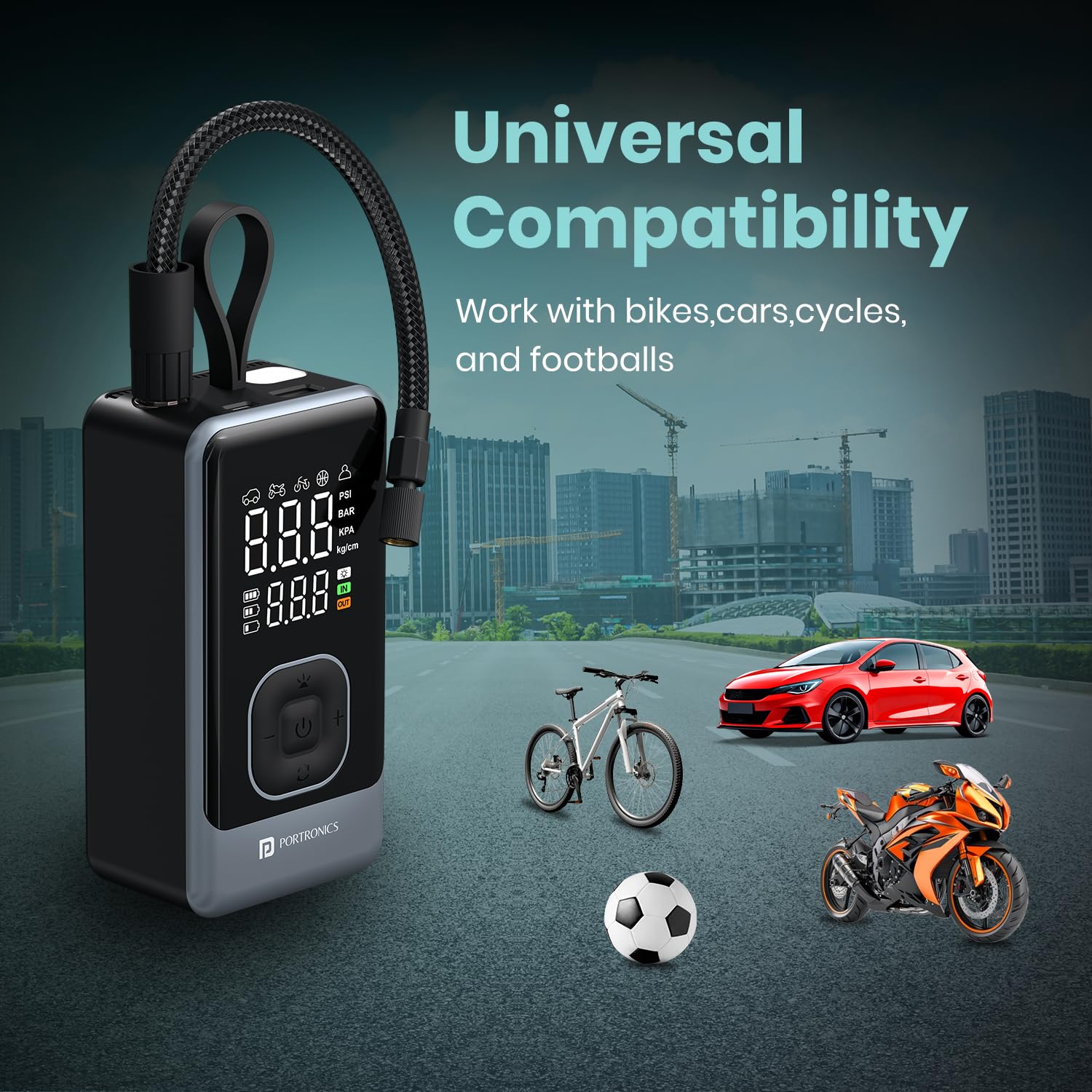 Portronics Vayu 8.0, Digital Rechargeable Tyre Inflator with In-Built Hanging Support, 2×2000mAh Batteries, Auto Shut Off, LED Light, SOS, Pressure Detection, Type-C Charging, for Car/Bike/Ball(Black) - Image 5 thumbnail