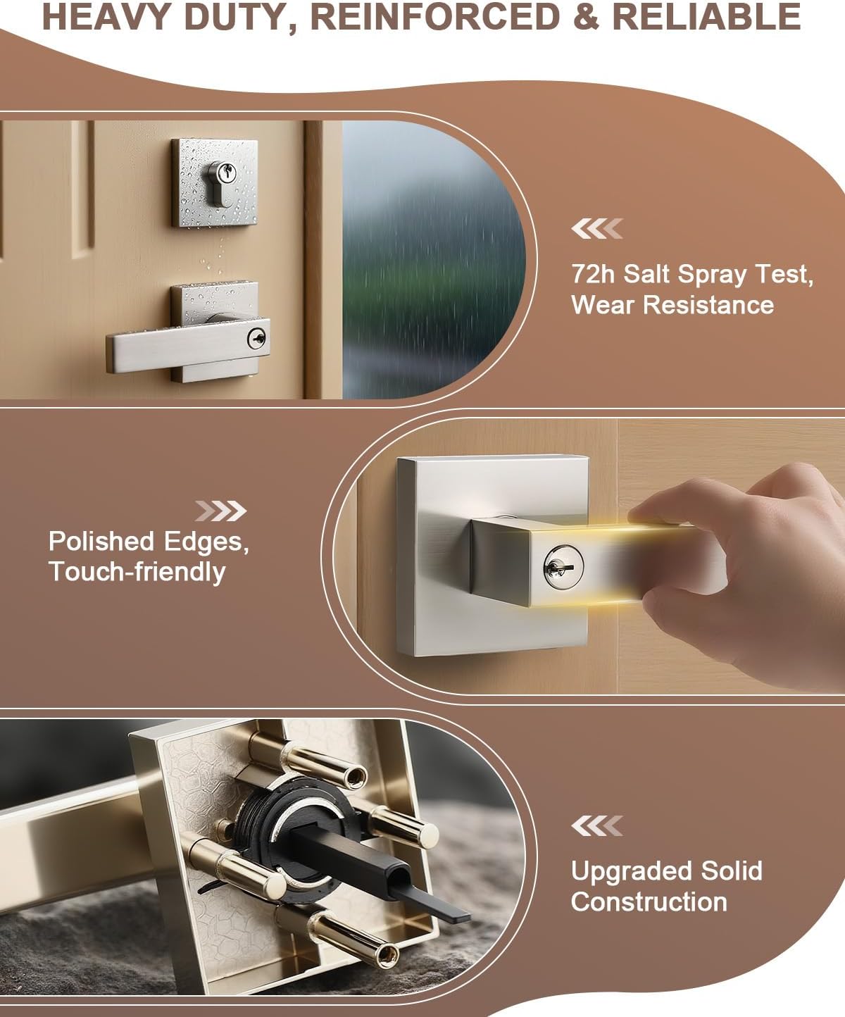 KNOBWELL 2 Pack Brushed Nickel Keyed Exterior Door Knob with Deadbolt, Single Cylinder Handleset Square Deadbolt Lockset(Keyed Alike)