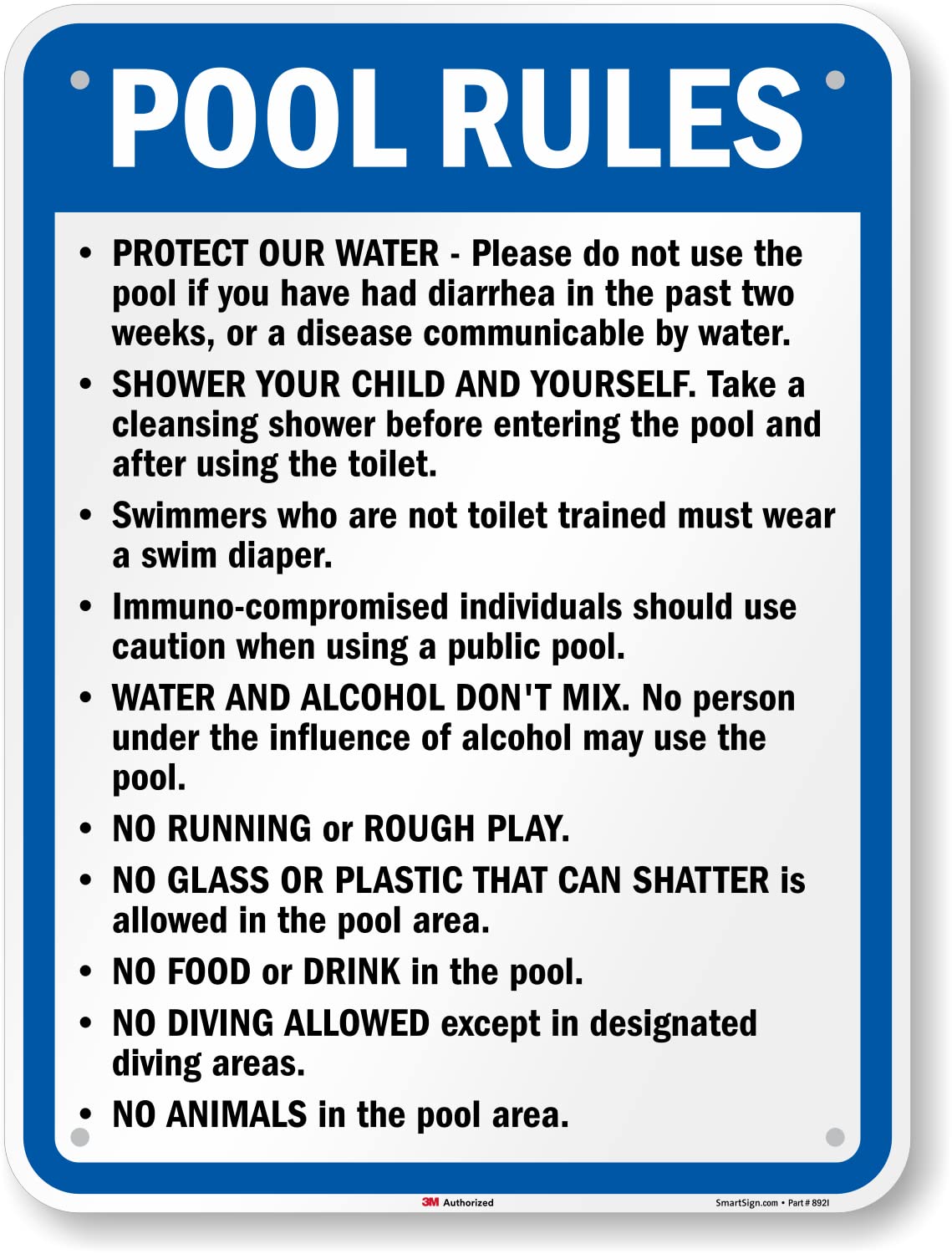 SmartSign 24" x 18" 'Pool Rules - Protect Water, No Running, No Food Or Drink…' Oregon State Metal Sign, 80 mil Aluminum, 3M Laminated Engineer Grade Reflective, Blue/Black/White, USA-Made