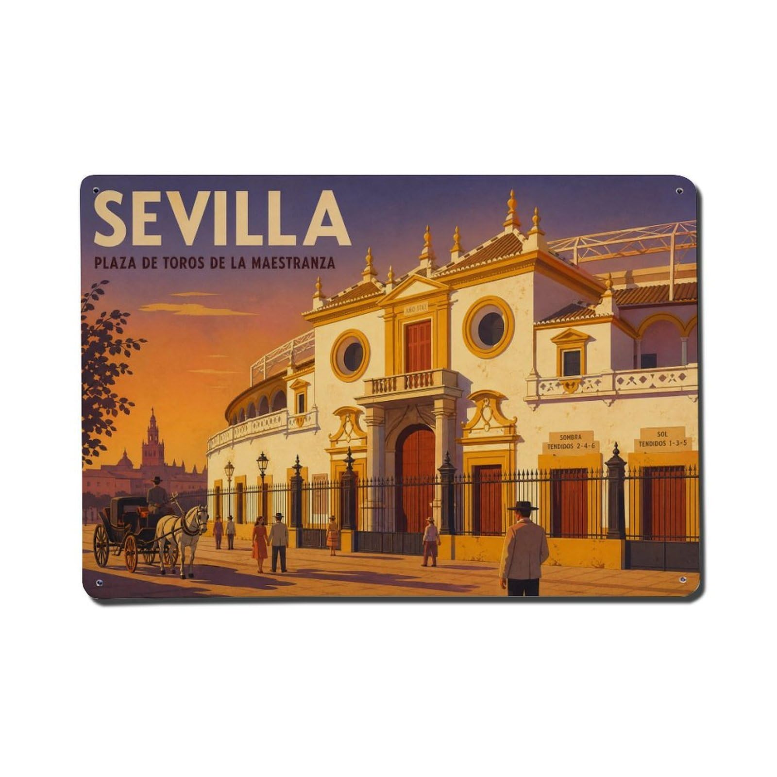 Vintage Travel Plaza Toros Evening Light Seville Bullring Metal Tin Sign