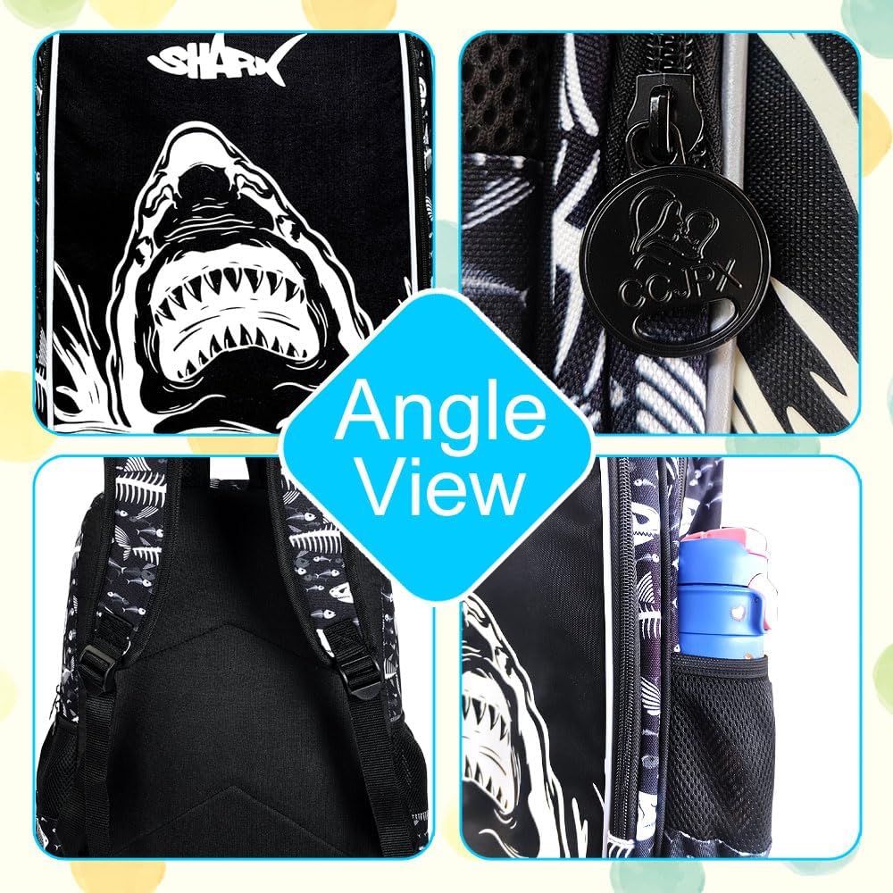 KLFVB 3PCS Shark Bookbag for Boys, Luminous School Backpacks with Lunch Box, 17" Water Resistant Kids Camo Bookbag for Middle Elementary Teens to School Travel - Luminous Shark - Image 5