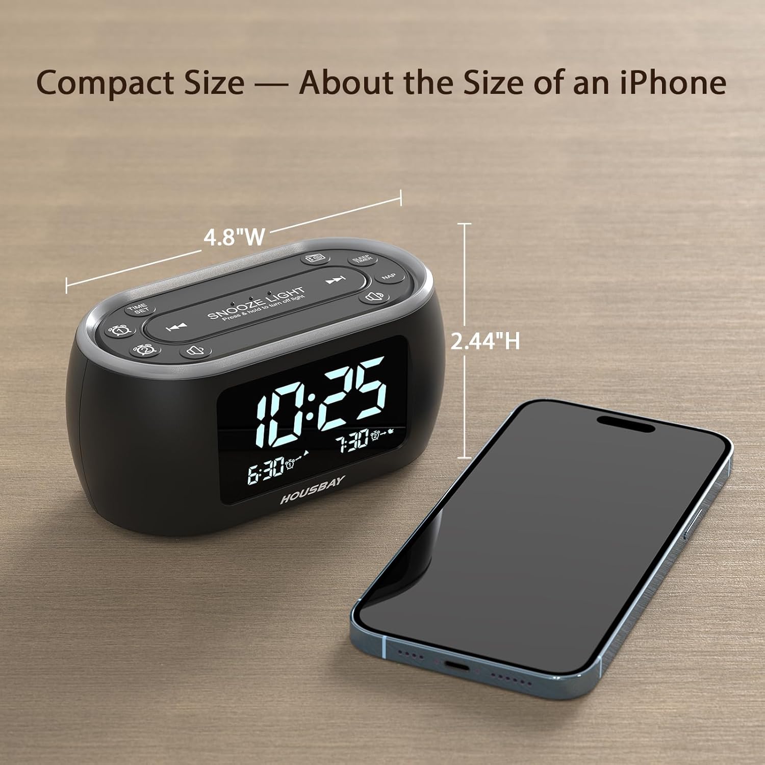 HOUSBAY Digital Alarm Clock Radio for Bedrooms, Phone-Free Wake-up with Dual Alarm, Night Light, Small Radio Clock for Bedside