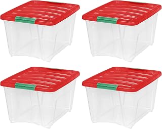 32 Quart Christmas Storage Bins with Latching Lids (4-Pack), Clear Red Stackable Organizer Totes for Holiday Decorations - Perfect for Ornaments, Lights, Wreaths & Tree Storage