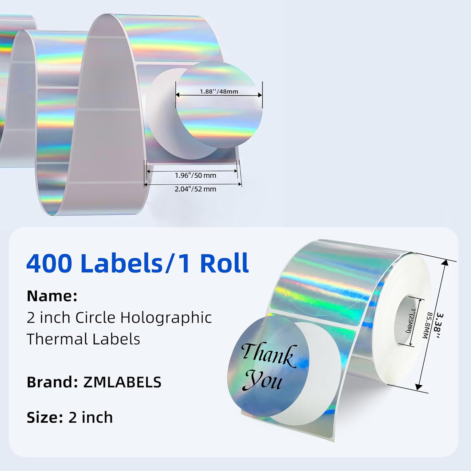2" Circle Holographic Thermal Labels, Round Printable Rainbow Glitter Thermal Printer Sticker Labels for Gift Wrapping, Self-Adhesive Name Price Tag DIY Custom Logo Design, 800 Sheets/2 Roll