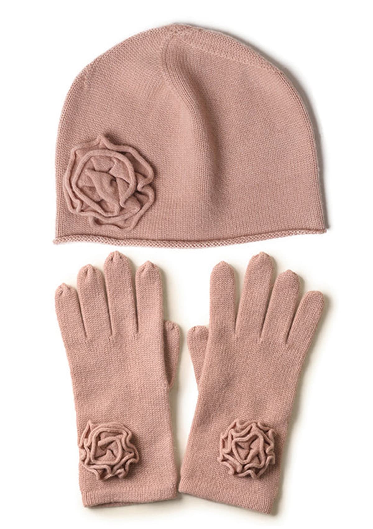YUONNY Damen Gestrickte Beanie Mütze und Handschuhe Set, 100% Kaschmir Weich Warme Strickmütze & Fäustling Vollfinger mit Handgefertigter Handhaken Blume, Frauen Herbst Winter Mode 2-in-1 Geschenkset