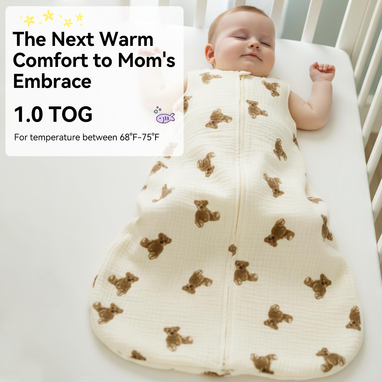 Hovershoes Baby Sleeping Bag 1.0 Tog for Newborn Infant Boys Girls Sleep Sack Wearable Blanket Cotton Unisex Toddler Sleep Bag with 2-Way Zipper for 0-12 Months - Image 2