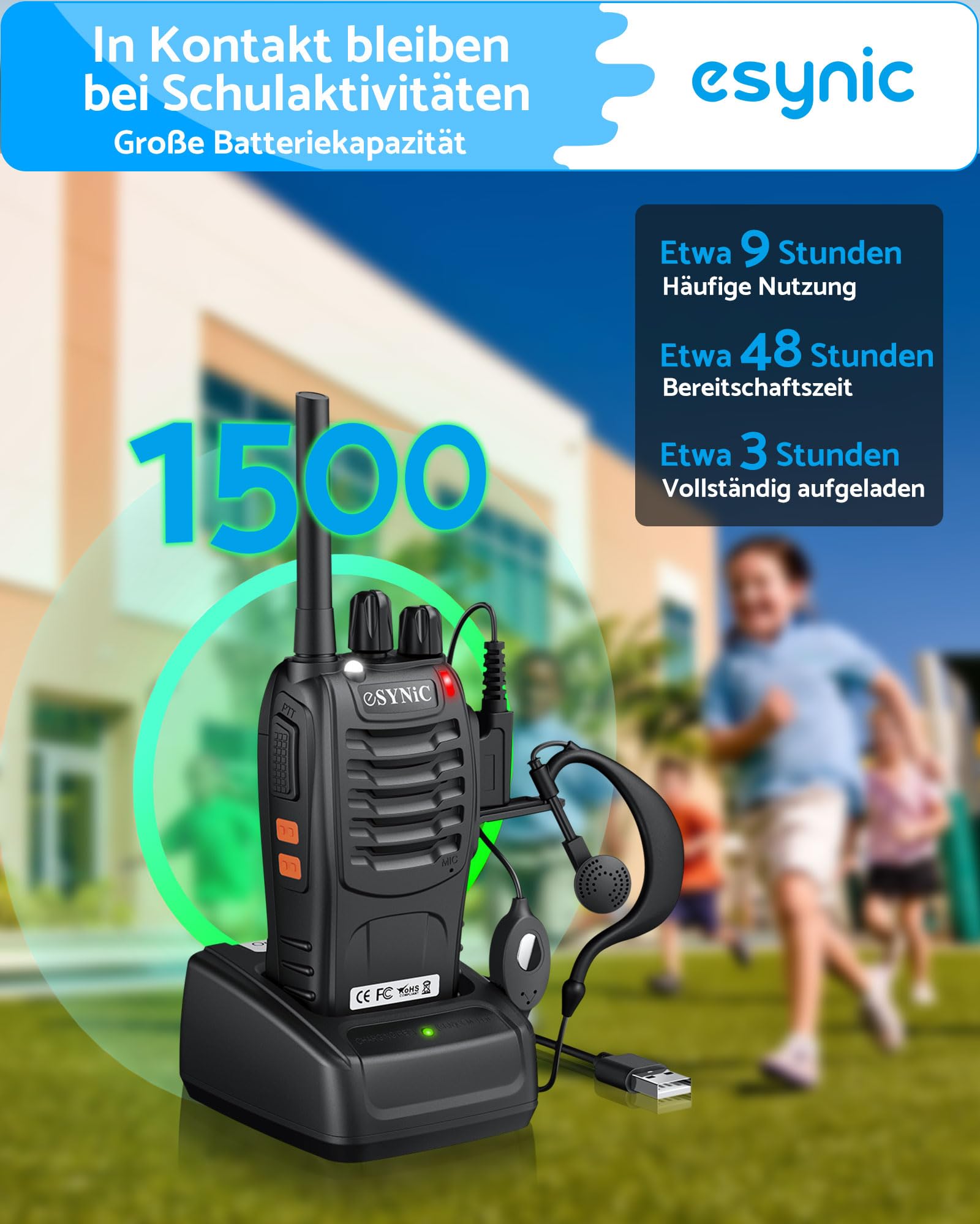 eSynic Wiederaufladbare Walkie Talkies – 8er Set PMR446 Lizenzfreie 2-Wege Radio mit 16 Kanälen, LED Taschenlampe, VOX Freisprechfunktion, Handgerät für Outdoor, Schule, Zuhause, Road Trip, Camping