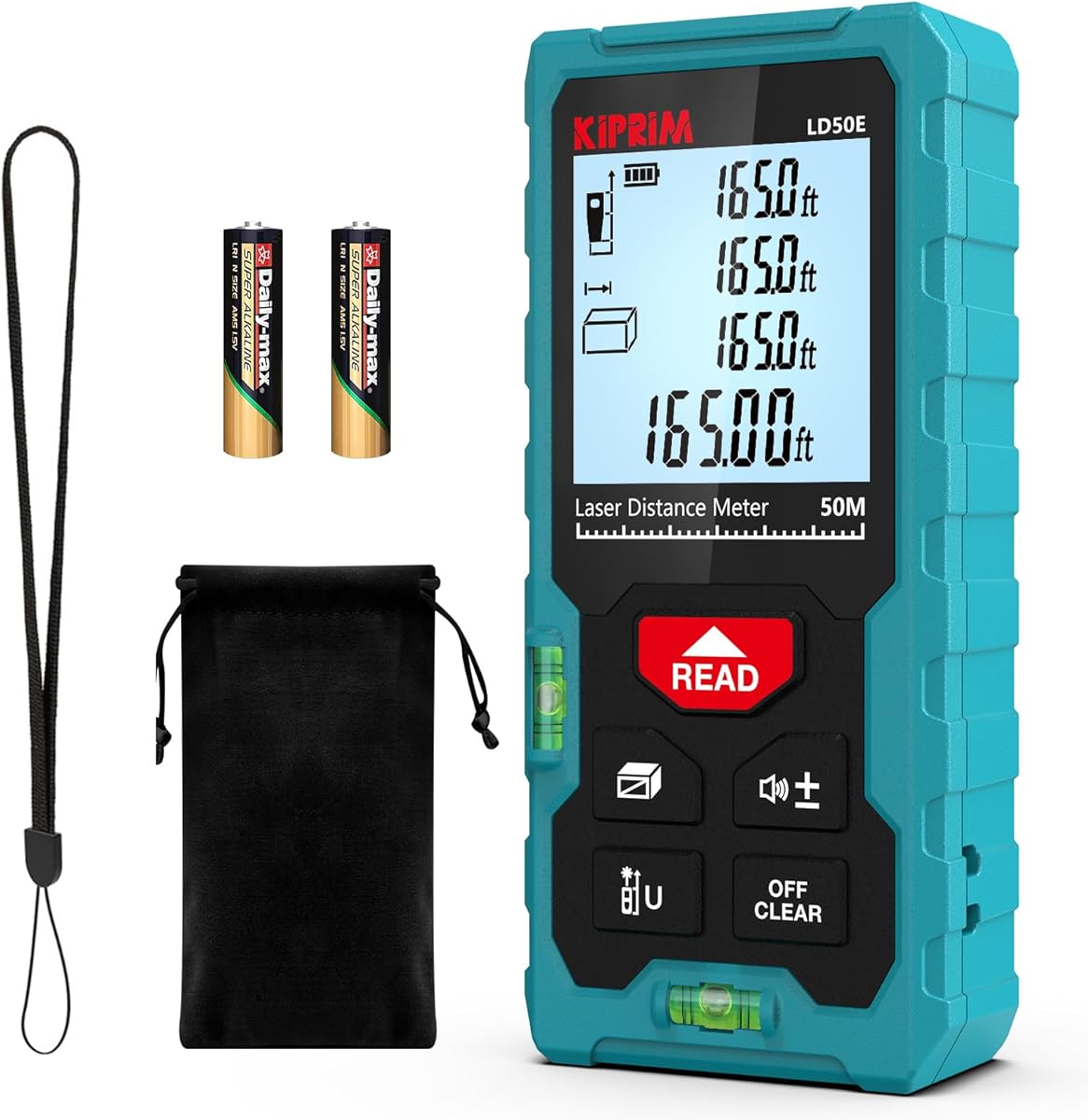 High Accuracy Laser Distance Meter 165ft/50m Kiprim LD50E Laser Measurement tool with Larger Backlit LCD,2 Bubble Levels,M/in/Ft Unit Switching and Pythagorean Mode for indoor or outdoor Use