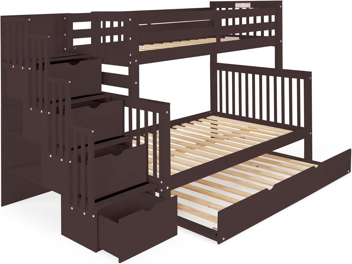 Bedz King Stairway Bunk Beds Twin Over Full, 4 Step Drawers, Twin Trundle, Dark Cherry