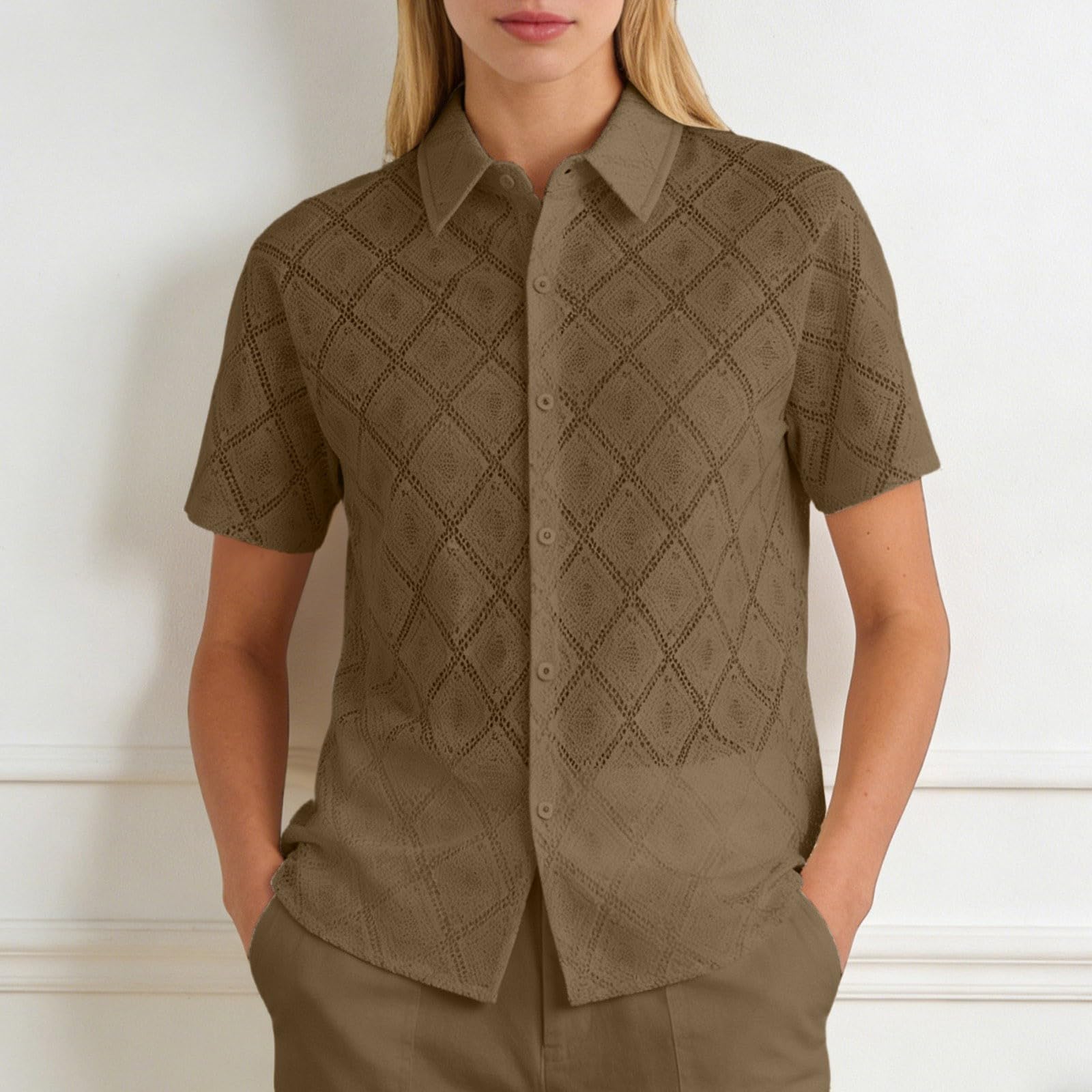 2026 Blusa Elegante para Mujer Verano Camisa Ligera de Encaje Manga Corta con Botones Blusa Informal tamaño diseño Calado Top Transpirable Verano