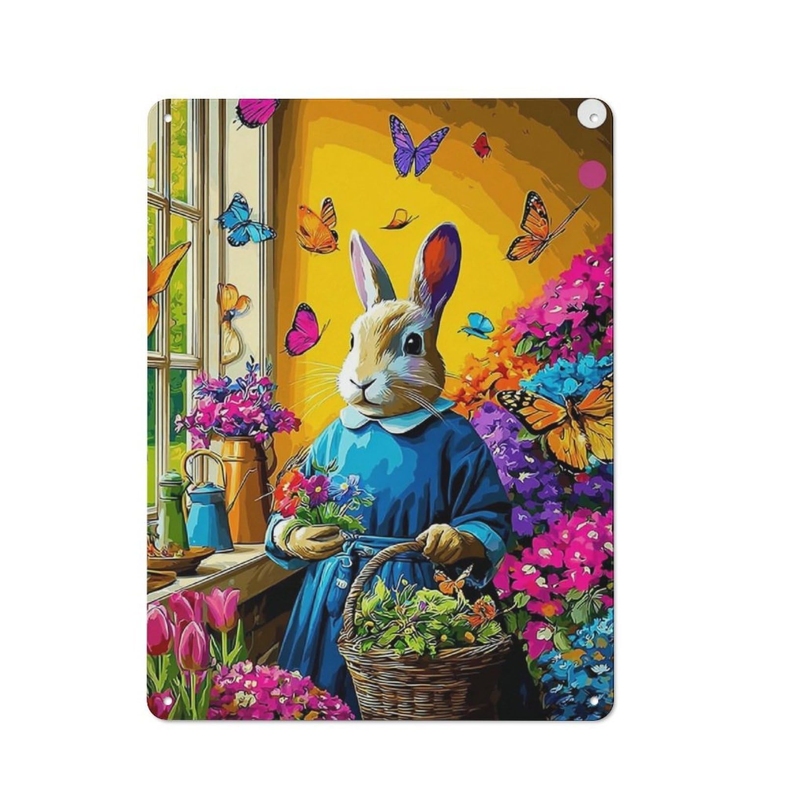 Junmoney Rabbit In Garden With Flowers Tin Wall Plaque 40X30cm With For Home Office Or Studio, A New Home Present For Creative Workspace Decorators