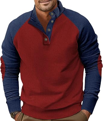 domirica Mens Solid Color Corduroy Half Collar Shirts Brown Long Sleeve Lightweight Casual Loose Fit Streetwear Pullover