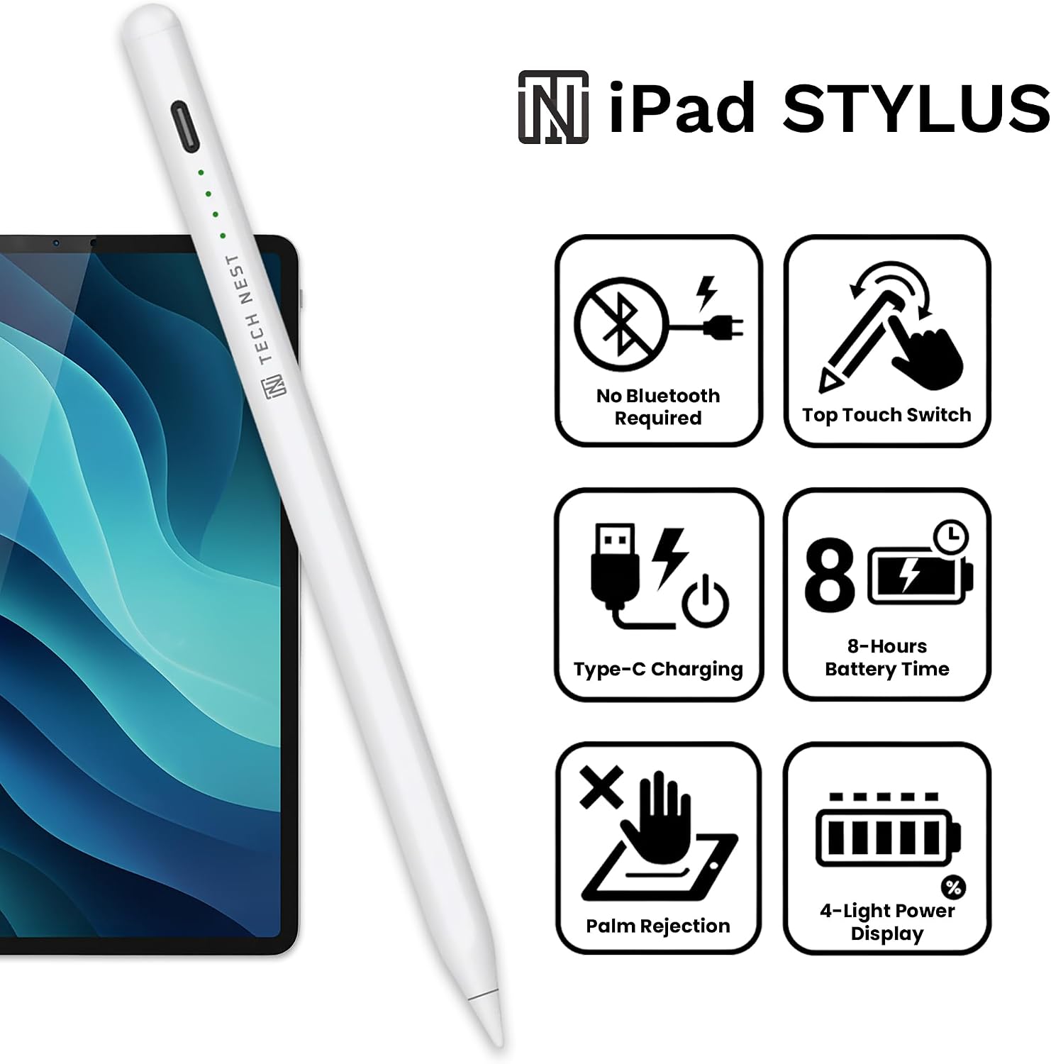 Stylus Pen for iPad 2018-2025, Fast Charge, Magnetic Charging, Palm Rejection Stylus for iPad 11/10/9/8/7/6th Gen, Air 7/6/5/4/3/M3/M2, Pro 13"/12.9"/11"/M4, Mini 7/6/5th, White image 2