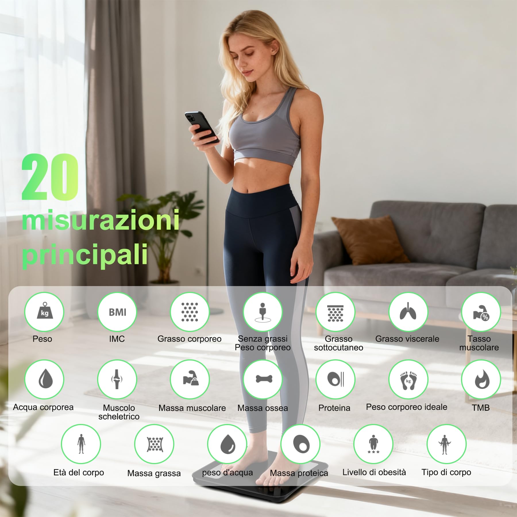 Bilancia digitale da bagno con 4 elettrodi, 20 dati corporei, compatibile con iOS e Android, max 180 kg