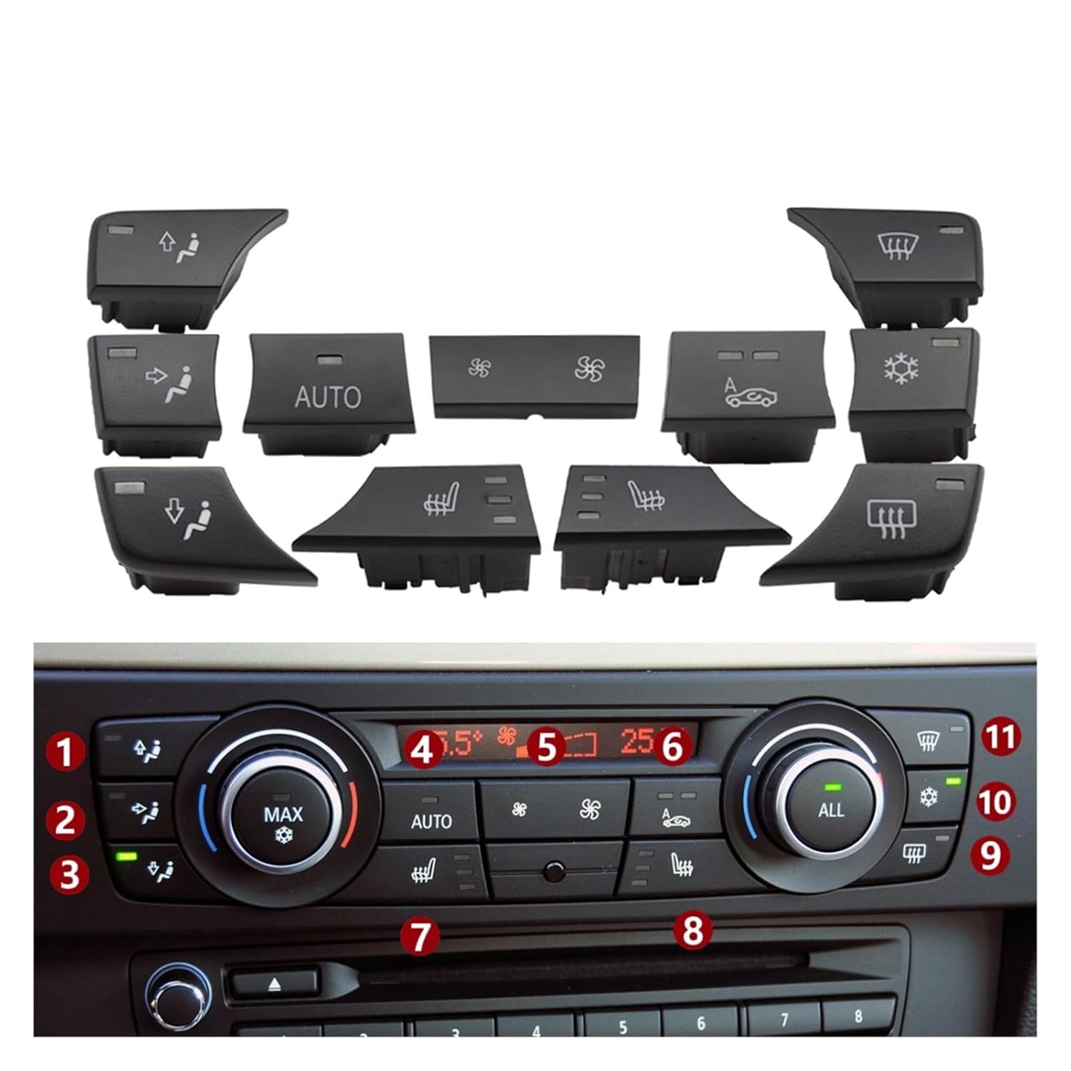 Car Dashboard Air Conditioning Ventilation Control AC Button Compatible 1 3 X1 X3 Series E81 E82 E87 E88 E84 E90 E91 E92 E93 F25(11pcs Set)