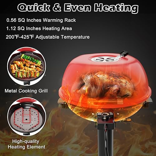 Miniatura 2 de ARLIME Parrilla eléctrica al aire libre de 1600 W, parrilla de barbacoa con estante de calentamiento para 15 porciones, temperatura ajustable,