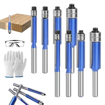 Professional 4-Piece Double Bearing Flush Trim Router Bit Set, Portable Flush Trim Router Bit Set - 1/4" Shank, Top and Bottom Bearing Flush Trim Router Bits Set 8Pcs/1/4"